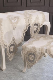 French Guipure Velvet Elite Living Room Set 5 Pieces Ecru Gold 100259618