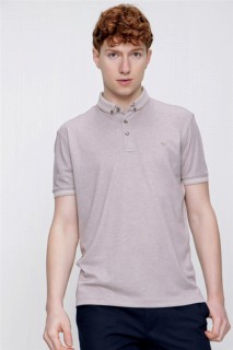 T-Shirt - Men's Beige Mercerized Touch Button Collar Dynamic Fit Comfortable Cut T-Shirt 100351409 - Turkey