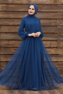 Wedding & Evening - İndigo Blue Hijab Evening Dress 100336567 - Turkey