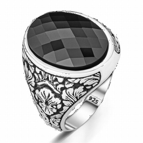 Elegant Flower Motif Black Zircon Stone Sterling Silver Ring 100350371