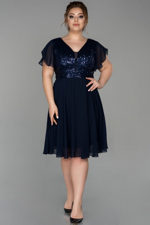 Plus Size - Evening Dress Short Sequined Chiffon Short Sleeve Plus Size Evening Dress 100296449 - Turkey