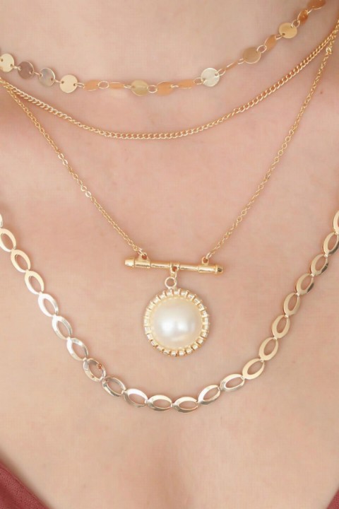 Gold Color Chain Pearl Bead Figure Multiple Women's Necklace 100327948