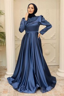 Evening & Party Dresses - İndigo Blue Hijab Evening Dress 100341592 - Turkey
