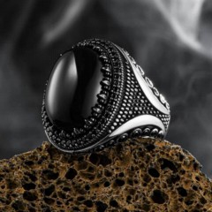 Black Onyx Stone Dot Patterned Silver Men's Ring 100346469