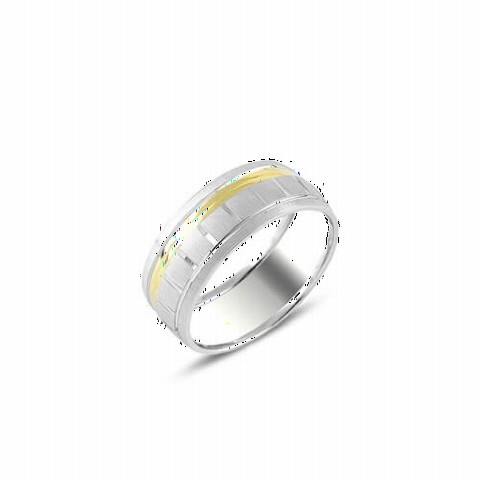 Gold Color Sliver Detailed Plain Silver Wedding Ring 100347199