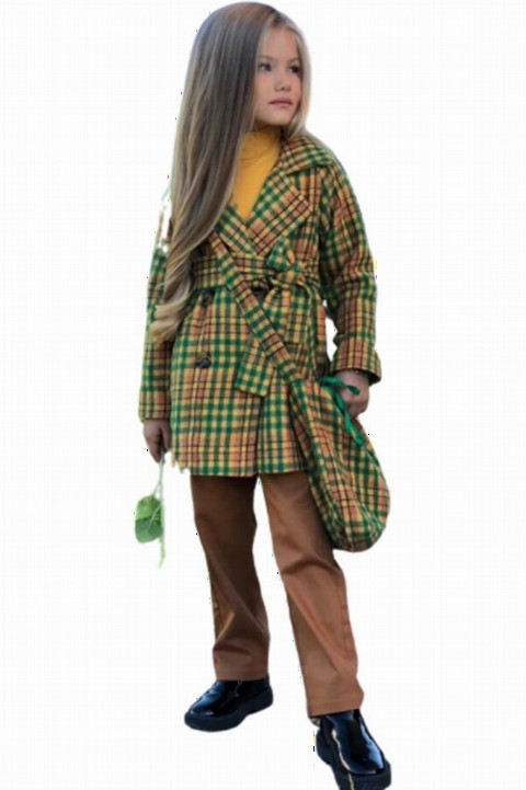 Girl Clothing - Girl's Plaid Coat and Bag Brown Pants Top and Bottom Set 100330975 - Turkey