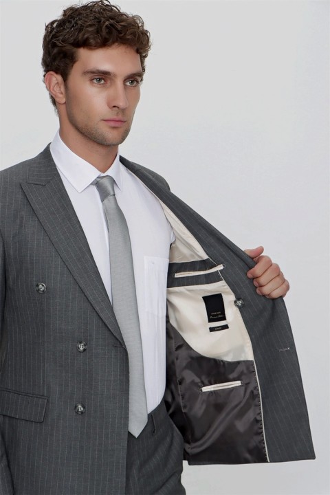 Men's Dark Gray Striped Double Breasted Slim Fit Slim Fit 6 Drop Suit 100351003