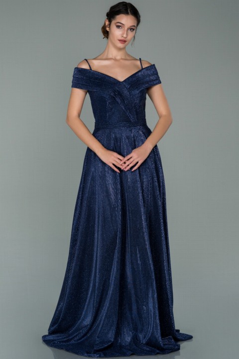 Woman Clothing - Evening Dresses Boat Collar Silvery Long Evening Dress 100298408 - Turkey