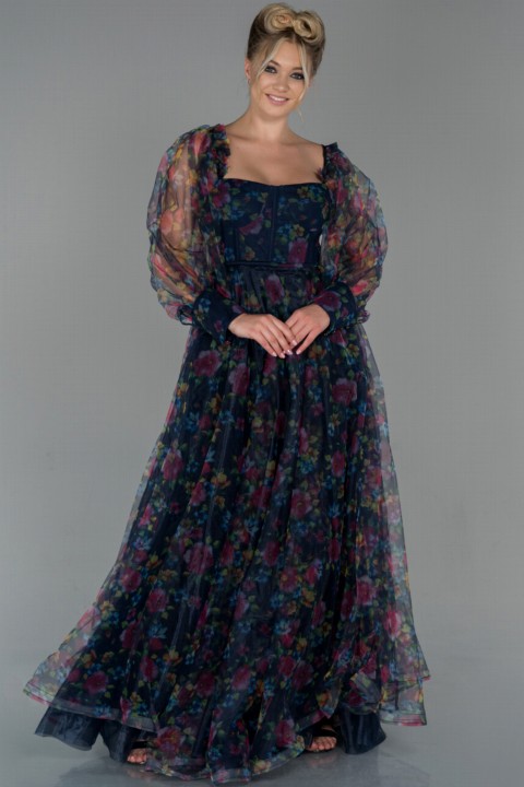 Woman - Evening Dress Long Sleeve Printed Tulle Evening Dress 100297956 - Turkey