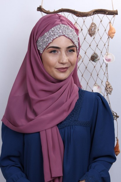 Woman Hijab & Scarf - Stone Design Bonnet Shawl Dried Rose 100282992 - Turkey