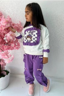 Girl Duck Printed Ruffle Detailed Hooded Purple Tracksuit Suit 100344654