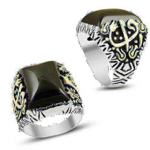 Zircon Stone Rings - Black Zircon Stone Elif Vav Motif Sterling Silver Men's Ring 100348924 - Turkey