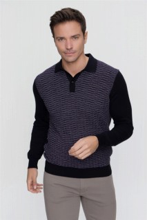 Men's Purple Polo Buttoned Collar Dynamic Fit Comfortable Cut Knit Pattern Knitwear Sweater 100345130