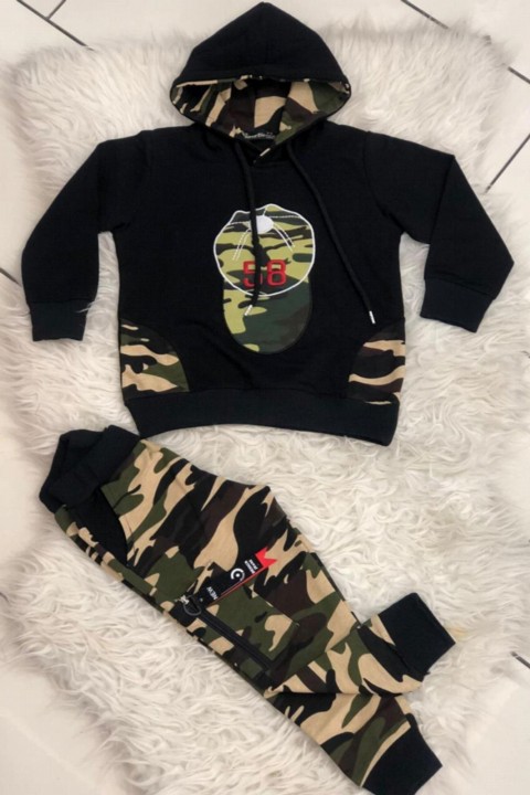 Boys Hat Printed Camouflage Patterned Black Tracksuit Suit 100327068