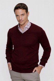 Men's Dark Claret Red Dynamic Fit Basic V Neck Knitwear Sweater 100345105