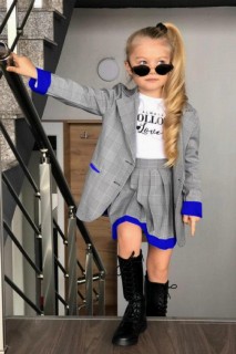 Girls - Boy Girl Plaid Pattern Follow Love Gray Pleated Skirt Suit 100327165 - Turkey