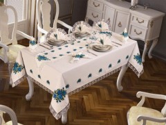 Table Cover Set - Cross-stitch Printed Guipure and Four Roses Table Cloth Set 26 Pieces Blue 100280304 - Turkey