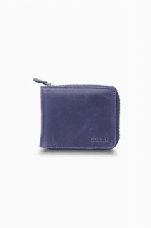 Leather - Antique Navy Blue Zipper Horizontal Mini Leather Wallet 100346135 - Turkey