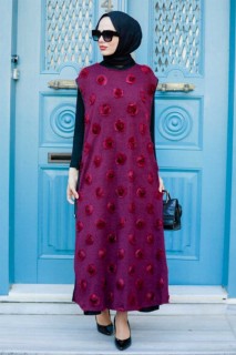 Outwear - فستان بدلة تريكو حجاب أحمر كلاريت 100338661 - Turkey