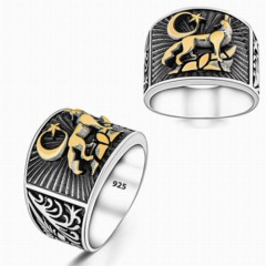 Animal Rings - Bozkurtlu Side Ottoman Embroidered Silver Ring 100346543 - Turkey