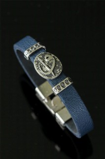Bracelet - Metal Elif Vav Navy Blue Leather Men's Bracelet 100327895 - Turkey