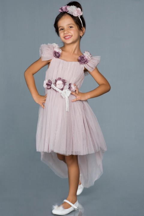 Girl Clothing - Evening Dress With Floral Belt Short Front Long Back Long Glittery Kids Evening Dress 100297438 - Turkey