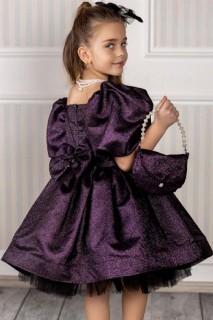 Girl's Pearl Necklace and Bag Balloon Sleeve Shining Plum Evening Dress 100328115