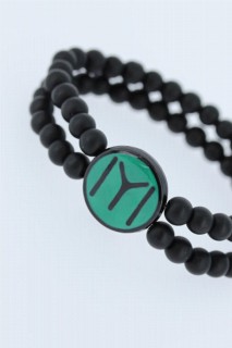 Black Color Double Row Natural Stone Men's Bracelet With Black KayÄ± Length Figure On Green Colored Metal 100318461