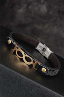 Bracelet - سوار رجالي من الجلد باللون الأسود بتصميم إنفينيتي ذهبي اللون مزود بملحقات معدنية 100318741 - Turkey