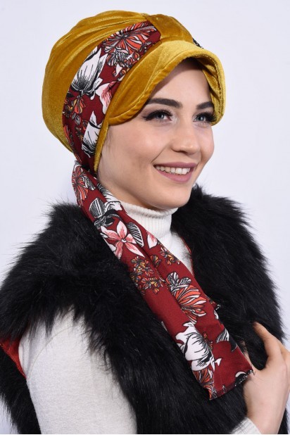Woman Bonnet & Turban - Echarpe Velours Bonnet Bonnet Jaune Moutarde - Turkey