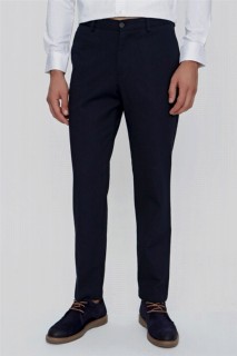 pants - Men's Navy Blue Dynamic Fit Casual Side Pocket Cotton Linen Trousers 100350948 - Turkey