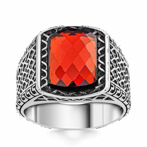 Honeycomb Pattern Red Zircon Stone Sterling Silver Ring 100350320