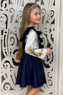 Girl's Suspender Ruffled Blouse Floral Embroidered Suede Petrol Blue Salopet Set 100327373