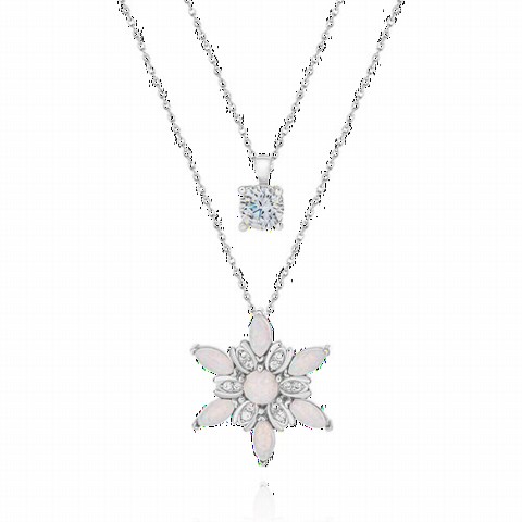Solitaire Detailed Opal Wind Rose Silver Necklace 100350098