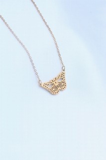 Necklaces - Gold Color Patterned Butterfly Figure Steel Woman Necklace 100327845 - Turkey