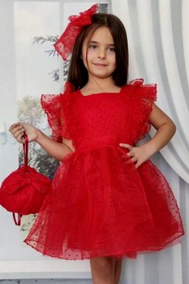 Girls - تنورة بأكمام بناتي مكشكشة من التول المنفوش وحقيبة مطرزة براق ، فستان سهرة أحمر 100327362 - Turkey