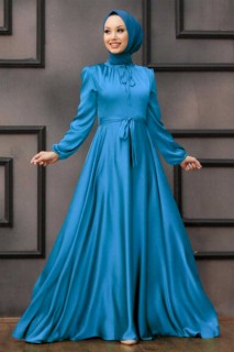 Evening & Party Dresses - İndigo Blue Hijab Evening Dress 100336988 - Turkey