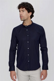 Shirt - 100351059 قميص رجالي بقصة ضيقة وأكمام مطوية باللون الأزرق الداكن - Turkey