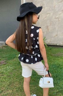 Girl's Tiered Chiffon Blouse with Frilly Chiffon and Double Pockets Polka Dot Black Shorts Suit 100328484