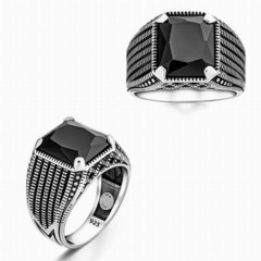 Zircon Stone Rings - خاتم بسيط من الفضة الإسترليني عيار 925 بحجر الزركون الأسود 100346360 - Turkey