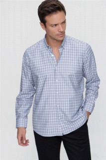 Men Clothing - Men's Navy Blue Regular Fit Comfy Cut Checked Buttoned Collar Long Sleeve Shirt 100351313 - Turkey