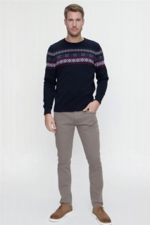 Men's Navy Blue Crew Neck Cotton Jacquard Knitwear Sweater 100345126