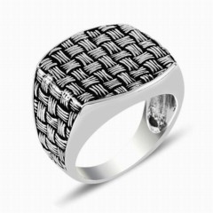Straw Patterned Plain Silver Ring 100347934