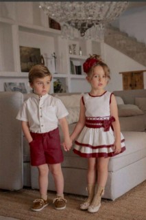 Outwear - فستان أحمر كلاريت مطرز بالدانتيل للأطفال مع فيونكة الخصر والجبير 100328305 - Turkey
