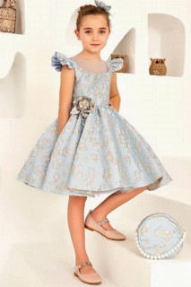 Girls - Girls' Collar Tulle Detailed Shoulder Frilly Floral Embroidered Blue Evening Dress 100327778 - Turkey