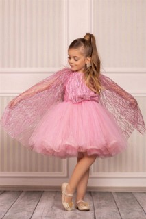 Evening Dress - Children's Puffy Bead Embroidered Cape Fluffy Pink Evening Dress 100327201 - Turkey