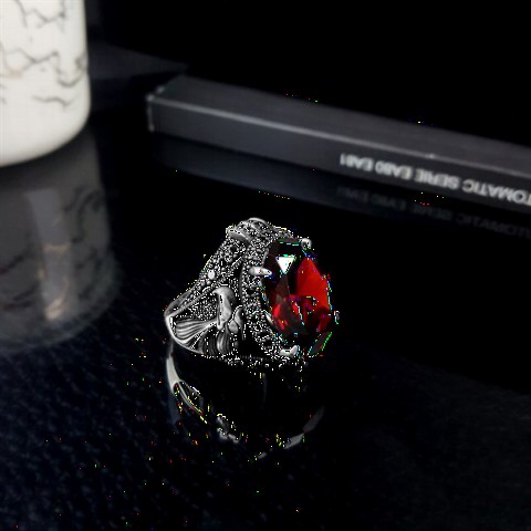 Eagle Head Patterned Red Zircon Stone Silver Ring 100349663