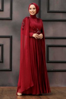 Wedding & Evening - Claret Red Hijab Evening Dress 100336893 - Turkey