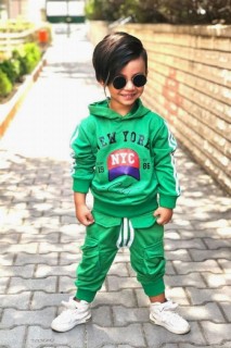 Tracksuit Set - Boy's New York Printed Hooded Green Tracksuit Suit 100328623 - Turkey