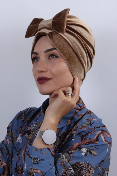 Woman Bonnet & Turban - Velvet Bow Bone Caramel 100283027 - Turkey